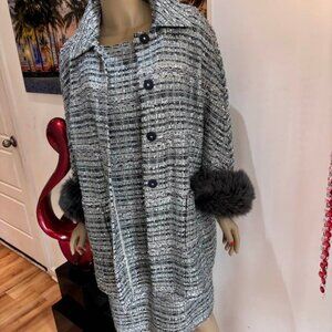 St John couture metallic silver set suit jacket topper 12 10 embellished fox fur
